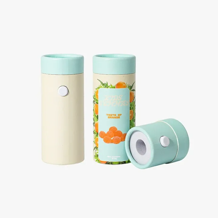 Assortment of custom branded paper tube packaging in various colors and designs for chocolate products